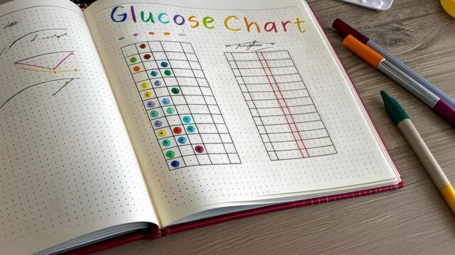 An overhead shot of a notebook with a handwritten glucose chart showing various colored markers indicating different target ranges and notes in the margins.