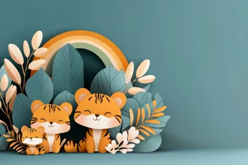 Cute cartoon tigers surrounded by foliage and a rainbow in a playful pastel environment