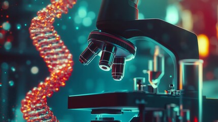 Close up of a microscope with animated dna background showcasing innovative medical technology