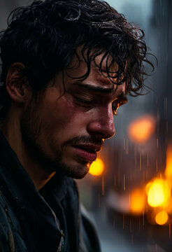 un hombre llorando bajo la lluvia