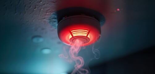 Red smoke detector mounted on ceiling. Smoke detector lights up red. Smoke rising from device. Indoor setting. Safety device. Fire prevention system. Emergency response equipment. Home safety.