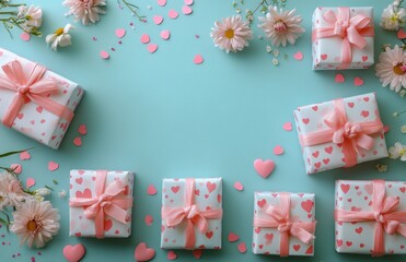 Colorful gift boxes with hearts and flowers arranged on a blue surface