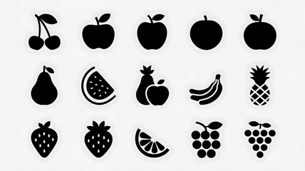 set of black silhouettes of fruit