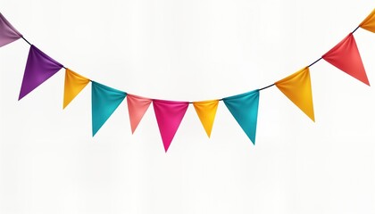 Colorful bunting with triangular pennant flags hangs. Bright colors create vibrant party atmosphere. Ideal for celebrations like birthday parties festivals. Multicolored flags hanging in row on