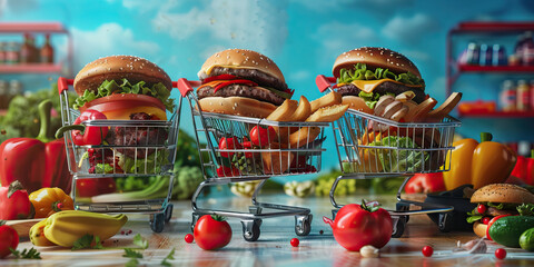 Cheeseburgers and Fries in Shopping Carts with Produce