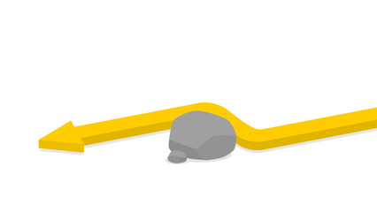 A yellow arrow bends to avoid a gray stone obstacle on a white background, symbolizing overcoming challenges. Change strategy to stay on track.