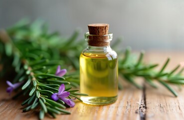 Rosemary essential oil bottle on wooden table. Fresh herb sprigs with purple flowers near transparent glass bottle of golden oil. Natural product for aromatherapy wellness spa. Organic essence for