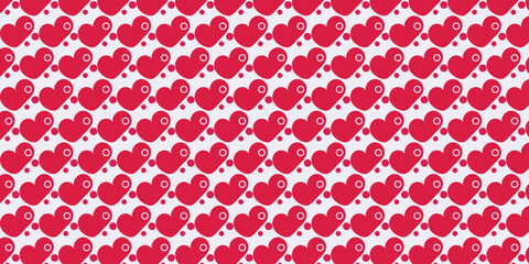 Seamless pattern of red hearts with circular accents on a white background, perfect for Valentine's Day or romantic