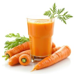 Freshly squeezed carrot juice in a glass with carrots and greens.