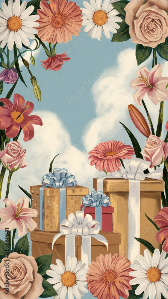 Poster Illustration of a birthday greeting card with flowers and gifts. Flowers. Cake with candles. There are also gifts. The background is a light blue sky with fluffy white clouds.