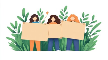 Three Diverse Women Holding Blank Signs Surrounded by Lush Greenery, Perfect for Social Advocacy, Environmental Campaigns, or Community Messages