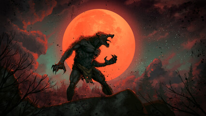 A furious fantasy werewolf roars up against the background of the red moon, clouds and green sky, standing on a rock. 2d illustration © Iobard