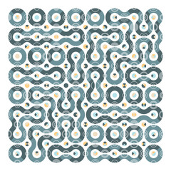 Geometric Truchet vector pattern with random tiled wavy shapes and circles. Modern geometric illustration for T-shirt prints, home decor, carpets, tablecloth and stationery.