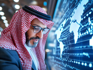 Focused businessman in traditional Arab attire reviewing global market data on a large digital screen.