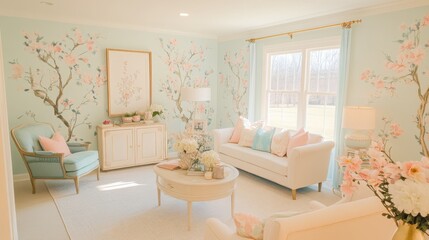 Fototapeta premium Elegant Living Room with Floral Decor and Soft Pastel Colors