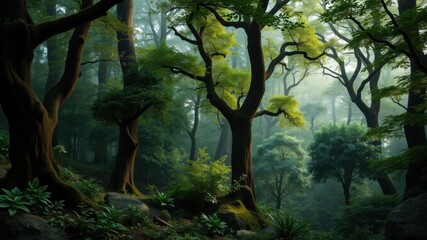 Fototapeta premium Lush Green Forest with Sunlight Filtering Through Trees in a Serene Natural Landscape, Capturing the Tranquility and Beauty of Wilderness