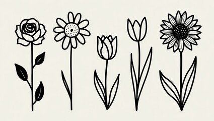Simple Line Art Flowers Rose Daisy Tulip Sunflower Design Elements