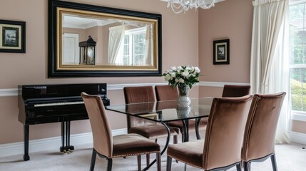 Fototapeta premium Elegant Dining Room with Glass Table and Black Piano in Background