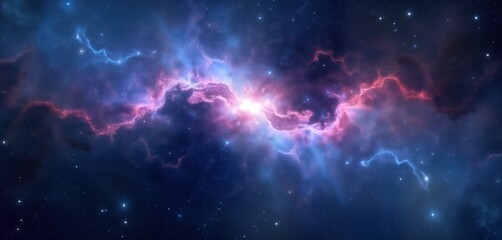 Deep space nebula, galaxy display. Cosmic universe concept. Colorful nebulae with vibrant pink, blue hues. Stars scattered across dark background. Abstract design, suitable for posters, backdrops,