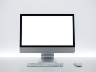 Fototapeta premium Minimalist Workspace with Empty Computer Screen, Keyboard, and Mouse in Soft Lighting, Ideal for Digital Content Creation and Modern Office Environments