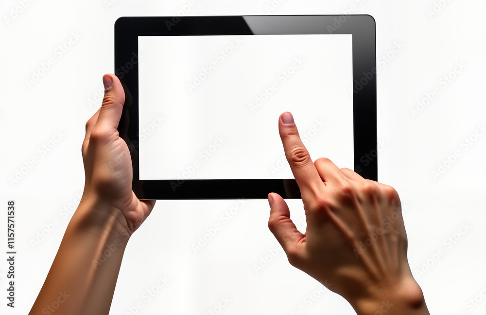 Poster Closeup of two hands holding black tablet. Fingers touch blank screen. Modern tech device. Person interacts with digital display. Isolated image. High-tech gadget. Hands close to screen. Object