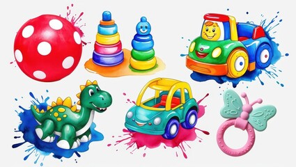 Naklejka premium Colorful Kids Toys Stacking Rings Cars Dinosaur Ball Teether