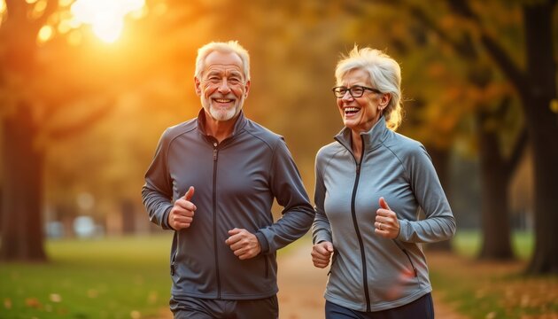 Happy senior couple jogging outdoors in autumn park. They enjoy active lifestyle together. Golden light bathes the scene as they smile and run. Senior couple exercise outdoors. Active retirement. - Powered by Adobe
