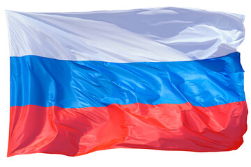 A view of the colorful, clipped, carved, flag of the Russian Federation bending under a gust of...