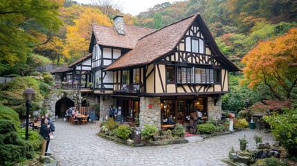 Obraz premium Charming Historic Building Surrounded by Lush Autumn Foliage