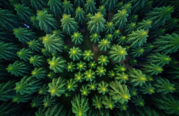Fototapeta premium Dense forest aerial view. Rich green trees cover land. Nature preservation concept. Reforestation theme. Ecosystem diversity. Forest canopy. Natural environment. Protected area. Sustainable