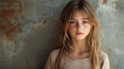 Fototapeta premium Portrait of a young girl with soft freckles and wavy hair, standing against a textured and weathered wall, wearing a simple beige shirt, radiating innocence and calm.
