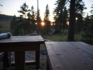 Serene Outdoor Setting at Sunset with Wooden Tables in Forest, Capturing Nature's Beauty and Tranquility in a Idyllic Wilderness Landscape