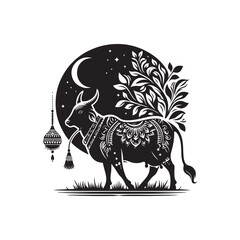 Black Color Indian Cow silhouette design Vector Illustration, Solid White Background 9.eps