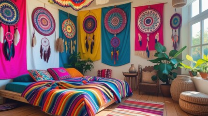 A vibrant bohemian bedroom adorned with colorful mandala tapestries and dreamcatchers. The bed is dressed with a striped, multi-colored blanket that matches the bold hues of the wall decor....