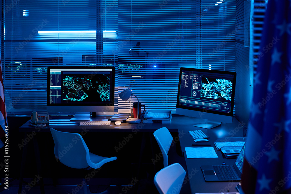 Fototapete flags of usa surrounding workplaces of military command center officers with desktop computers with 