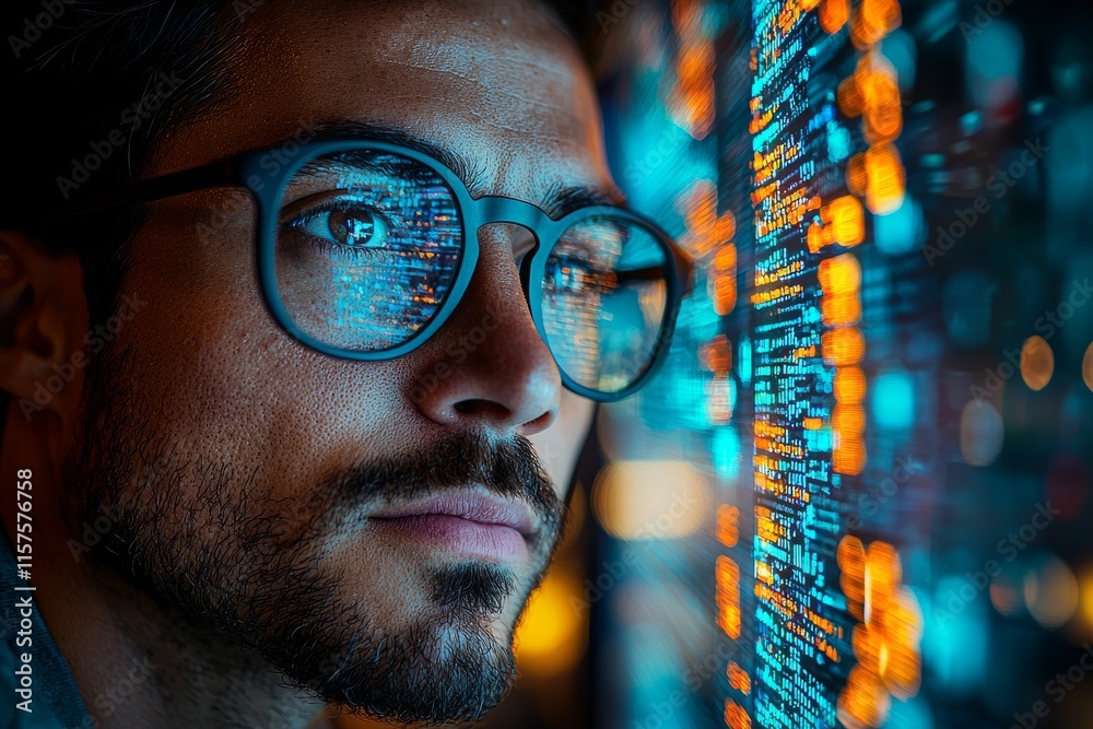 Poster a man focused on programming and coding, working with holograms and cybersecurity in trading, engage