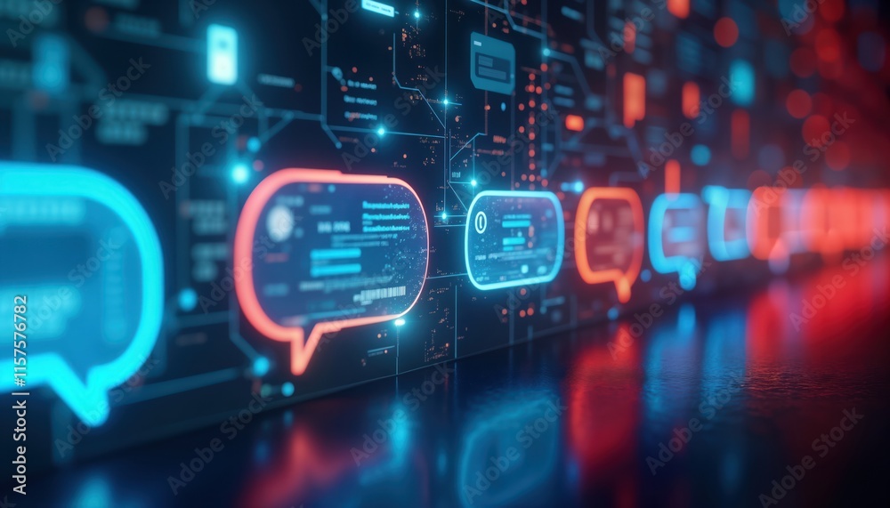 Aufkleber Digital screen displays futuristic chat bubbles. Virtual conversations appear on glowing tech interface. No people. Modern tech concept. Represents communication in cyberspace. Global communication.