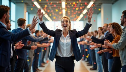 Excited businesspeople cheer on joyful businesswoman crosses finish line during fun office race. Team celebrates success, achievement in modern corporate setting. Celebratory confetti falls as woman