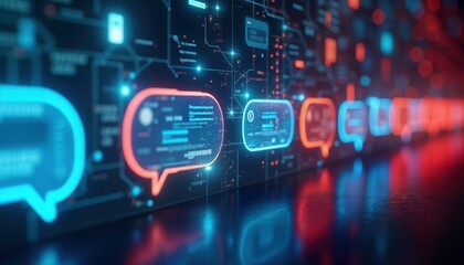 Fototapeta premium Digital screen displays futuristic chat bubbles. Virtual conversations appear on glowing tech interface. No people. Modern tech concept. Represents communication in cyberspace. Global communication.