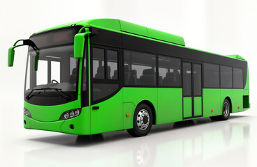Modern green city bus isolated on white background. Eco-friendly public transportation vehicle. Urban mobility solution. Empty bus for commuter transport. Modern design, sustainable option. Public