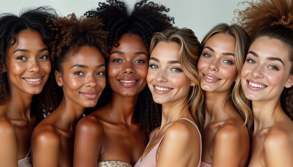 Obraz premium Group of diverse women with glowing skin. Portrait of beautiful models showing wellness, care. Natural beauty diverse ethnicities. Studio photo. Happy, confident young females. Trendy portrait
