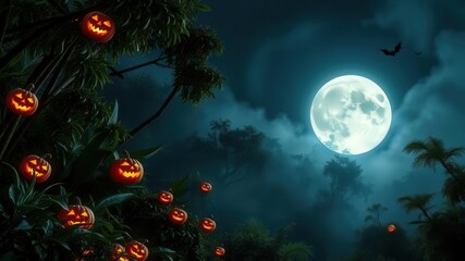 Fototapeta premium Spooky Halloween Night Scene with Glowing Jack-o'-Lanterns Illuminated Under Full Moon in Eerie Forest Setting with Mist and Shadows