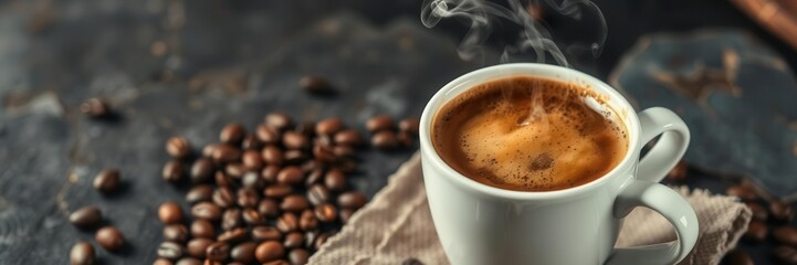 Warm Coffee Cup with Steam Surrounded by Coffee Beans on a Dark Rustic Surface, Perfect for Cozy Mornings and Coffee Enthusiasts' Inspirational Moments