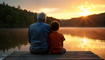 Grandfather, grandson sit on wooden dock by lake during sunset. Enjoy peaceful moment together in nature. Warm golden light bathes scene. Beautiful lake reflects sky. Family bonding. Summertime.
