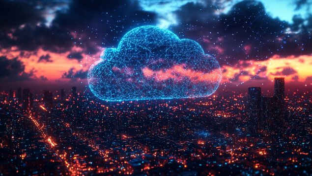 Cloud computing of digital data flow. Futuristic hologram of digital information technology web with a cloud icon on a blue light circuit background.