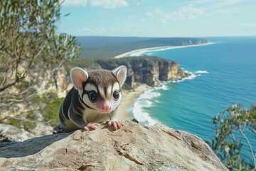 Sugar glider exploring scenic coastal cliff with ocean views in australia