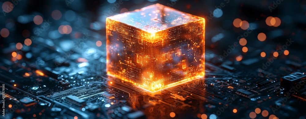 Aufkleber A 3D rendering of an abstract cube geometric background, representing a technology concept.