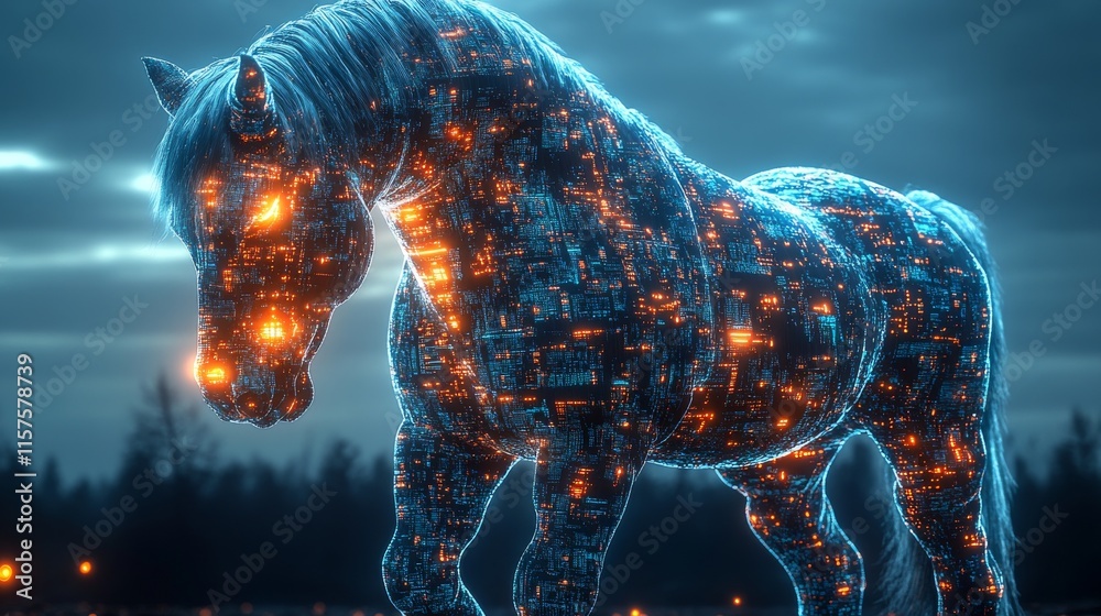Poster Explore the fusion of nature and technology with an illuminated horse figure, embodying a captivating blend of organic form and digital essence under a twilight sky