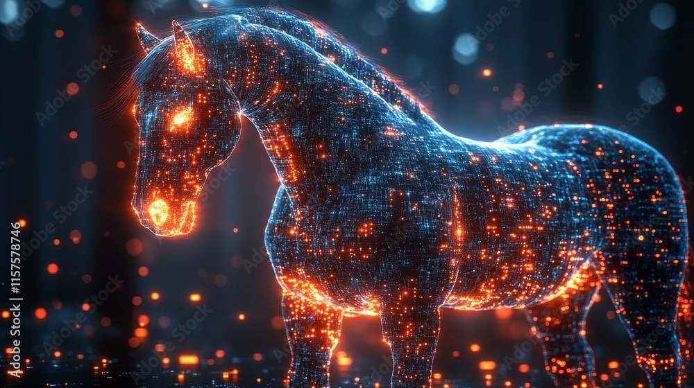 Poster a mesmerizing digital representation of a horse illuminated with glowing particles in a mystical for