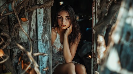 Naklejka premium Mysterious Woman in Rustic Doorway